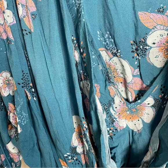 Free People Shirt Tuscan Dreams Printed Tunic Turquoise Blue Boho Floral Top - Picture 5 of 13